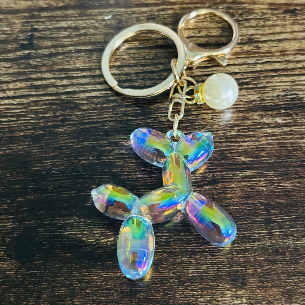 Iridescent Balloon Dog Keychain Gold Tone Bag Charm with Pearl Accent Pop Art